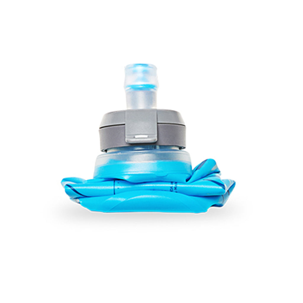 The Malibu Blue Ultraflask Speed 500ml, shown folded to emphasize its packability when not full.