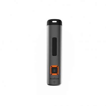 A stylish black and orange portable power bank, ideal for charging devices anywhere, with a focus on portability and efficiency