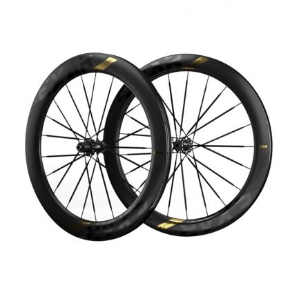 Two sleek black and gold bicycle wheels on a clean white background, showcasing the Magene EXAR Ultra DB607 Carbon Wheelset