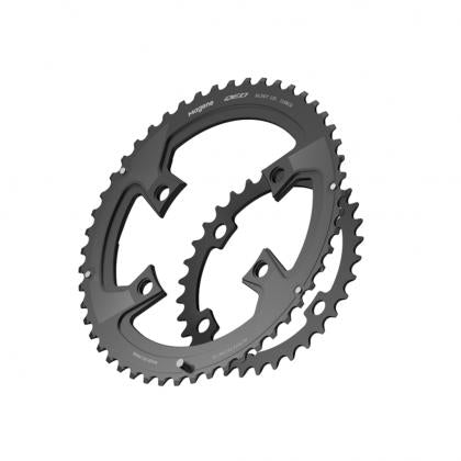 Image of a black chainring and sprocket against a white backdrop, featuring the Magene QED Lightweight Split Chainring Set.