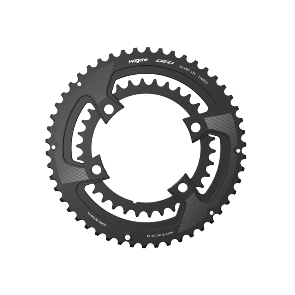 A black chainring against a white backdrop, featuring the Magene QED Lightweight Split Chainring Set-110/4 BCD for 11/12 speed.