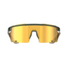 Close-up of Magicshine Rouler Classic cycling sunglasses in Green/Brown, showcasing the expansive PC lens for exceptional optical clarity and style.