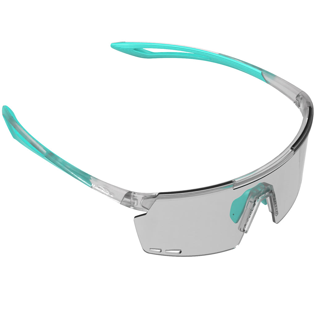 Close-up of Magicshine Rouler Photochromic cycling sunglasses in Lake Blue, showcasing the expansive PC lens for exceptional optical clarity and a vibrant blue aesthetic.
