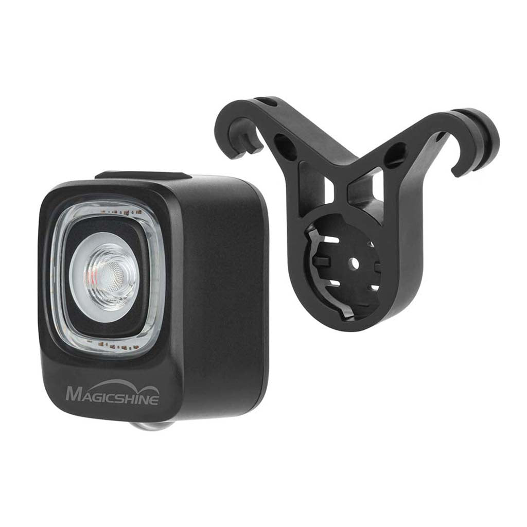 A square-shaped Magicshine SEEMEE rear light shown next to a black V-shaped mount with two arms.