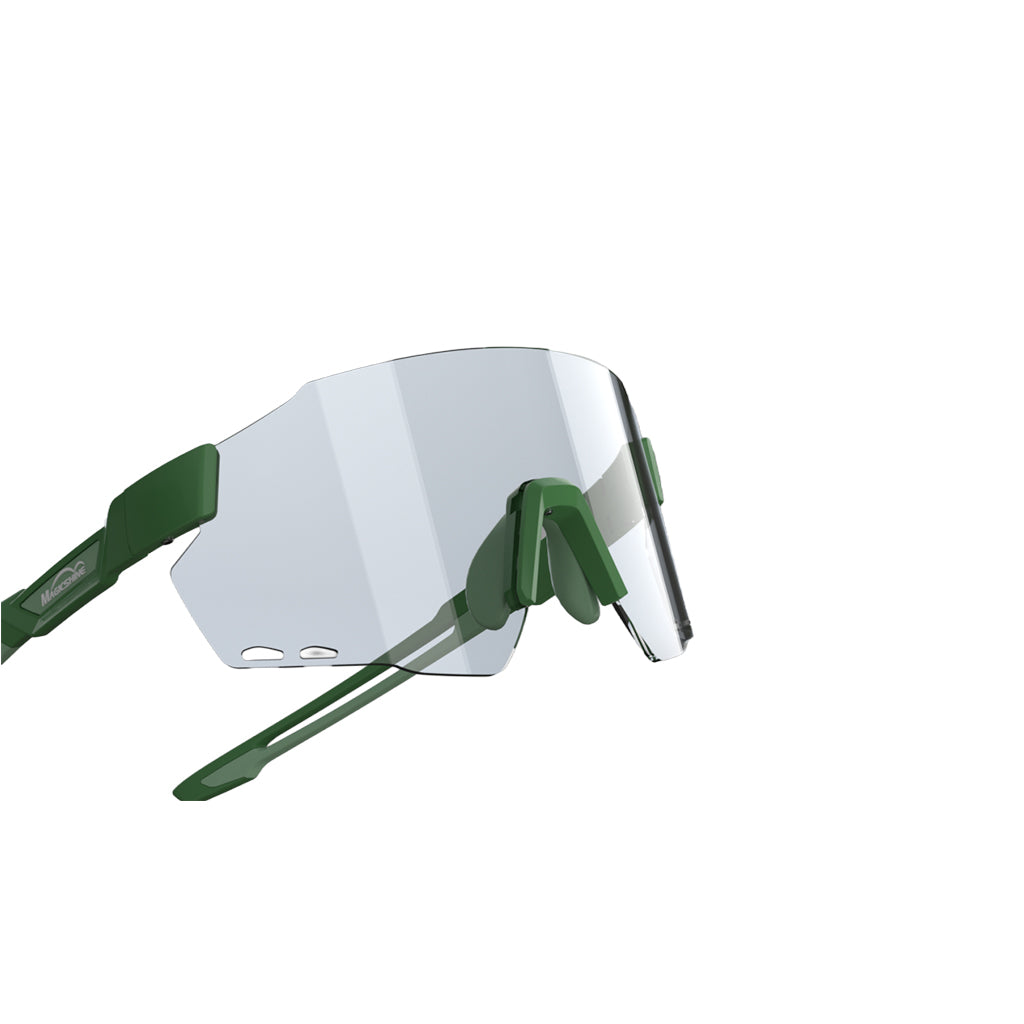 Magicshine Windbreaker Photochromic Sunglasses in Forest Green, featuring adaptive waterproof lenses and an ultralight frameless design for cycling.