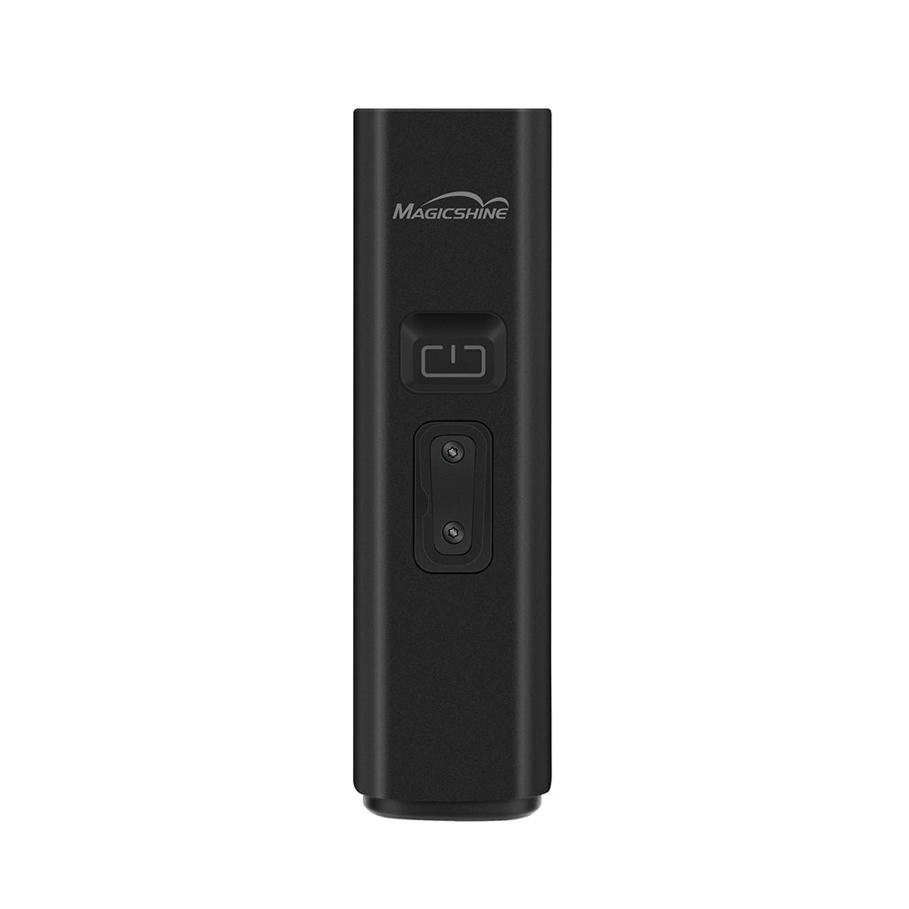 A black Magicshine ALLTY 1200 bike light, shown from the top, featuring a power button and two additional control buttons.