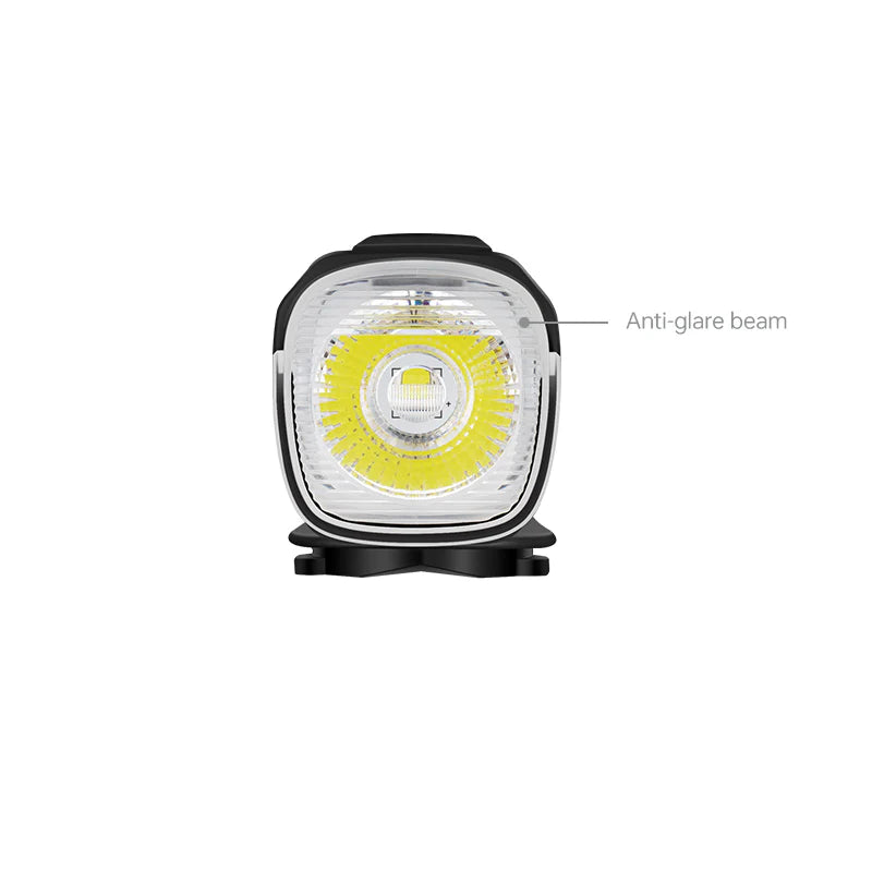 A black Magicshine ALLTY 400 V2.0 bike light, designed for essential visibility and safety, mounted on a bicycle, providing a powerful beam for clear path illumination.