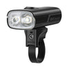 A close-up of the Magicshine RAY 2600B light's dual lens and bright LEDs, showcasing its powerful illumination capability.