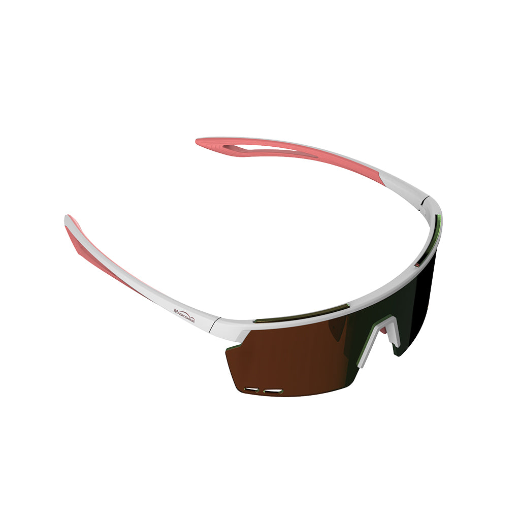 Close-up of Magicshine_Rouler_Coated_Photochromic_Sunglasses- in White/Pink, showcasing the expansive PC lens for exceptional optical clarity and feminine style.