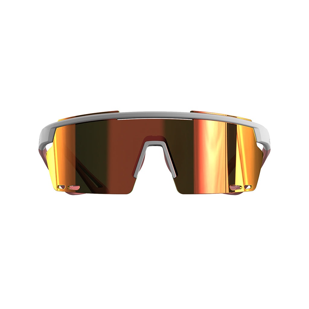 Magicshine_Rouler_Coated_Photochromic_Sunglasses- in White/Pink, featuring a vibrant pink mirrored lens and a white frame, designed for wide vision and safety.