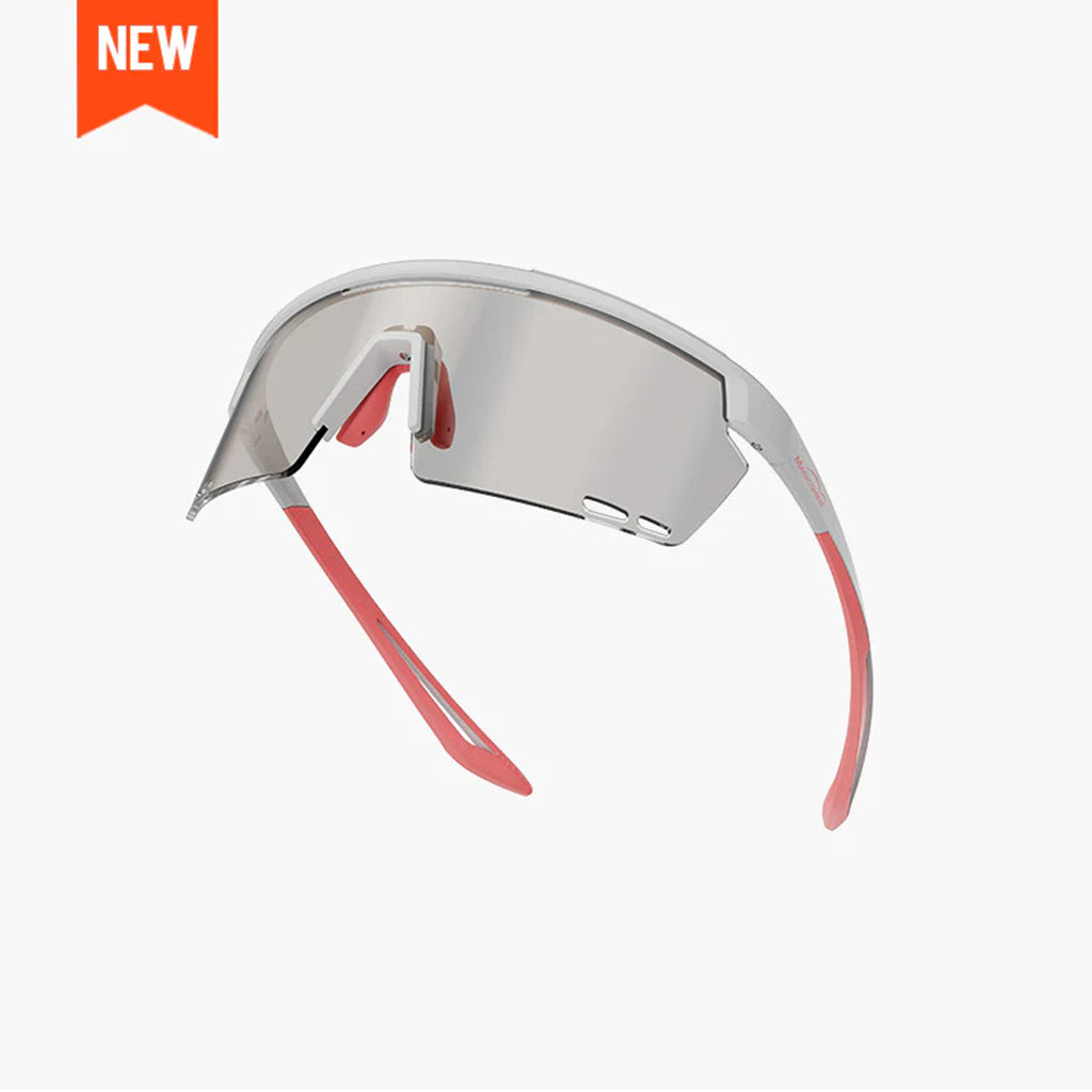 Magicshine Rouler Photochromic Sports Sunglasses in White/Pink, showcasing anti-fog vents and a durable TR90/TPR frame for cycling and sports.