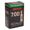 Close-up of a Maxxis bicycle tube, showing the 700x33/50C sizing and 48mm Schrader valve.