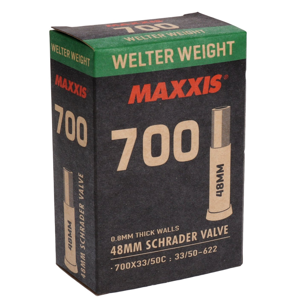 Close-up of a Maxxis bicycle tube, showing the 700x33/50C sizing and 48mm Schrader valve.