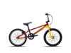 Side profile of a Polygon Razor BMX bike in a vibrant red and yellow color scheme, featuring a durable frame and 20-inch wheels, set against a light grey background.