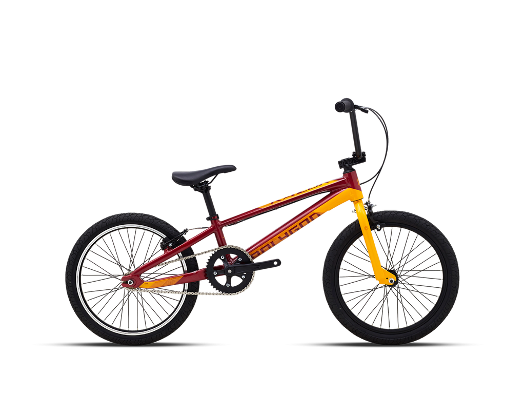 Side profile of a Polygon Razor BMX bike in a vibrant red and yellow color scheme, featuring a durable frame and 20-inch wheels, set against a light grey background.