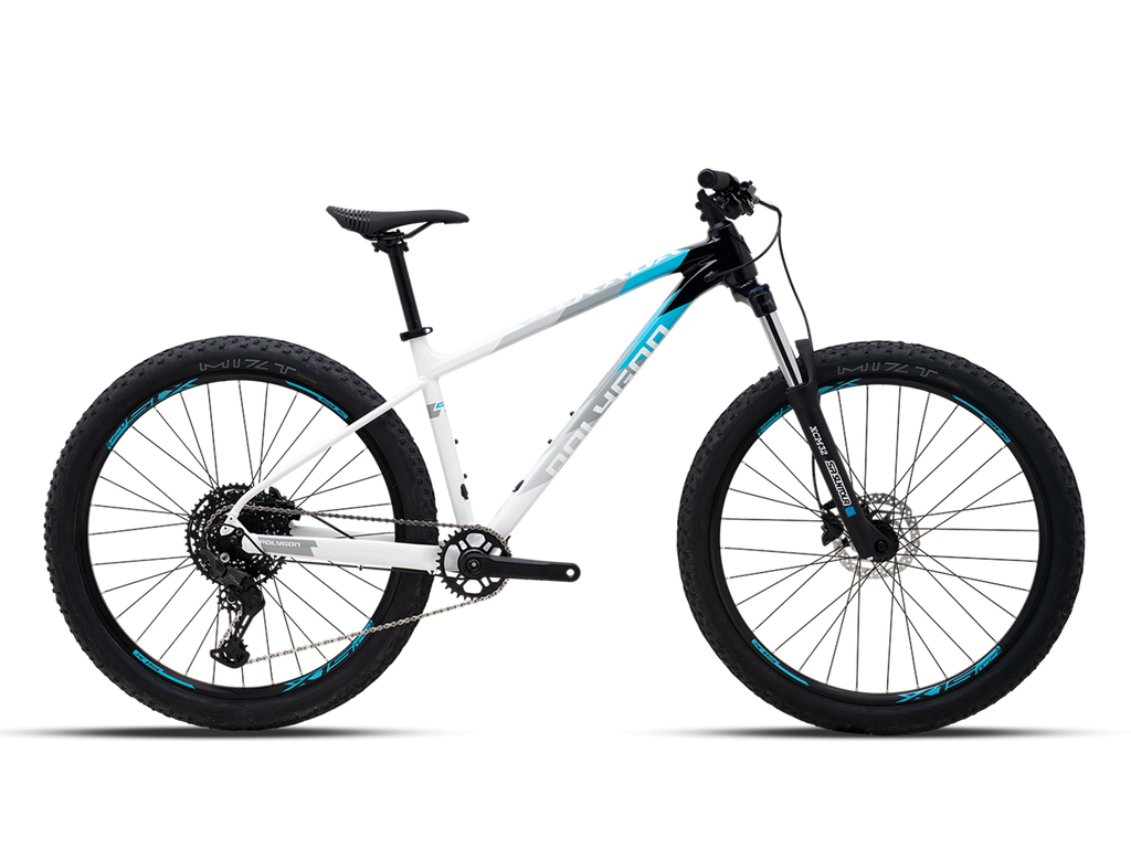 Polygon Xtrada 5 mountain bike with white, blue, and black accents.