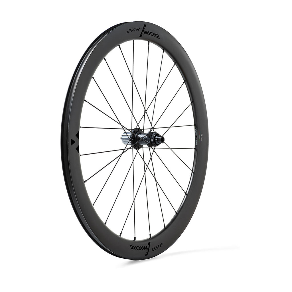 Close-up of a black MICHE SWR EVO 50 bicycle wheel on a white backdrop.