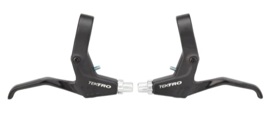 Close-up of Tektro RS360A mountain bike brake levers, showing the ergonomic design for off-road cycling.