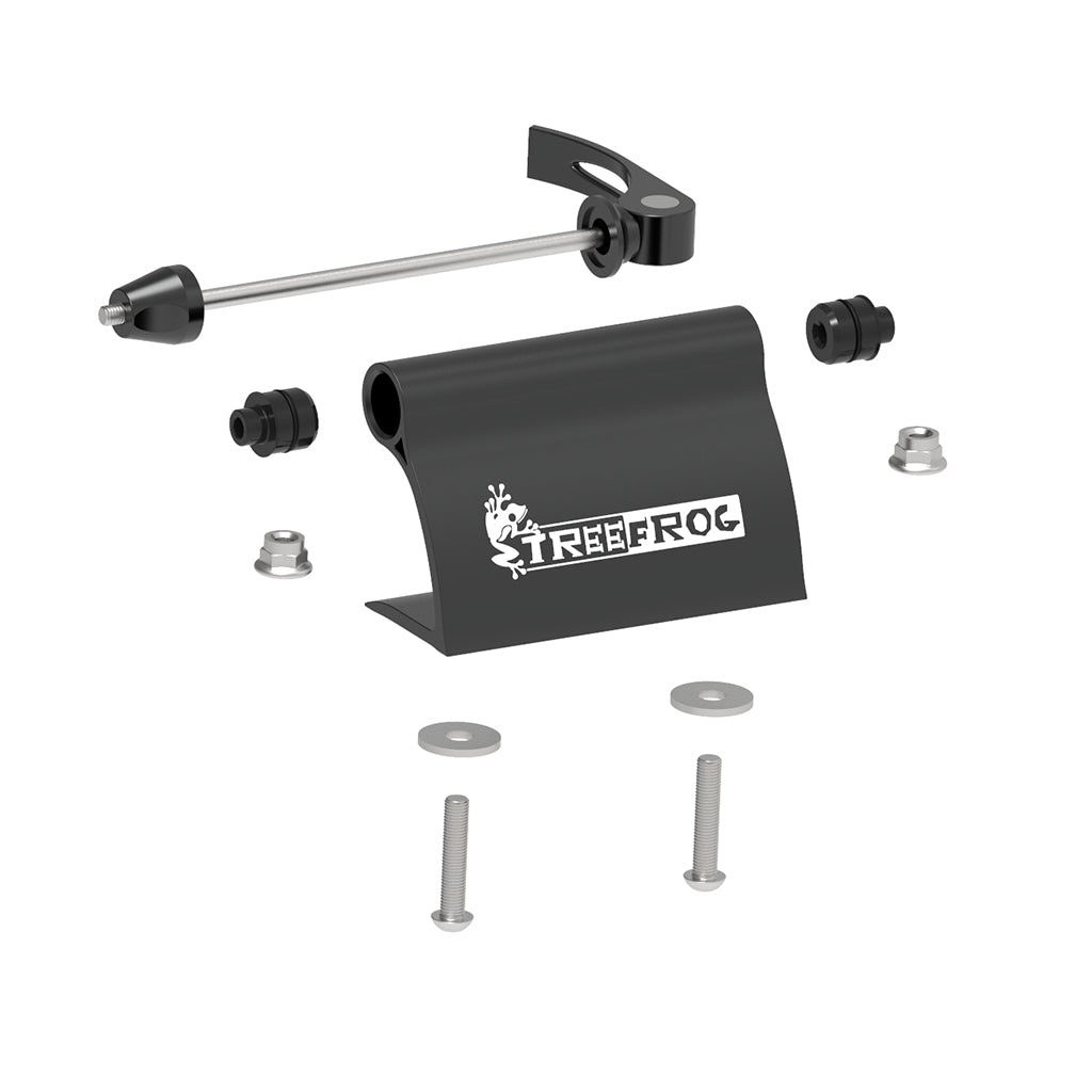 Detailed view of a black metal clamp with screws and bolts, associated with the TreeFrog 9QR-15X100mm Thru Axle Fork Mount.