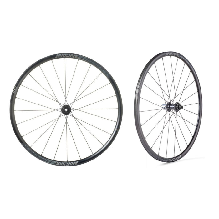 Two black Miche Reflex DX Disc road bicycle wheels on a clean white background.