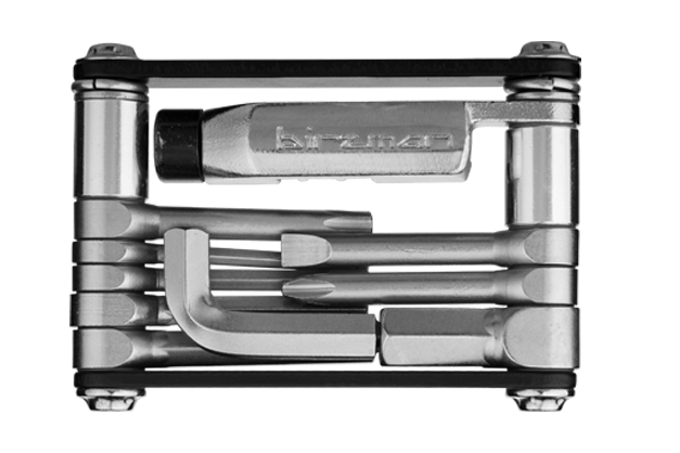 The Birzman Feexman E-Version multi-tool, featuring a chain tool, hex keys, and screwdrivers.