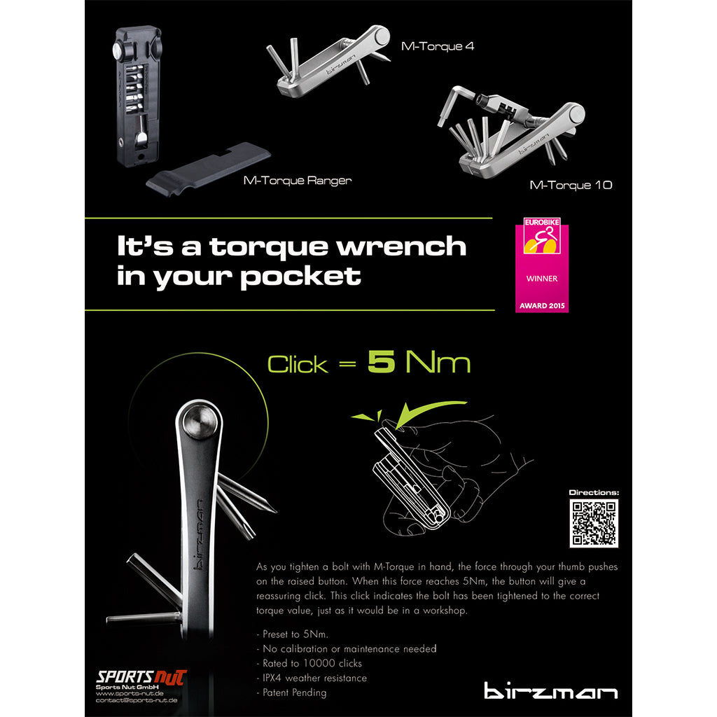 An ergonomic and stylish Birzman M-Torque 10 multi-tool for accurate bolt tightening.