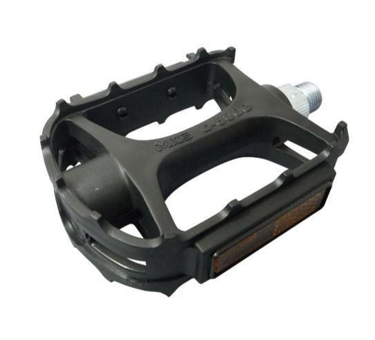 Close-up of the MKS G-6000 Black pedal, showcasing its built-in reflector and durable plastic-PP body.