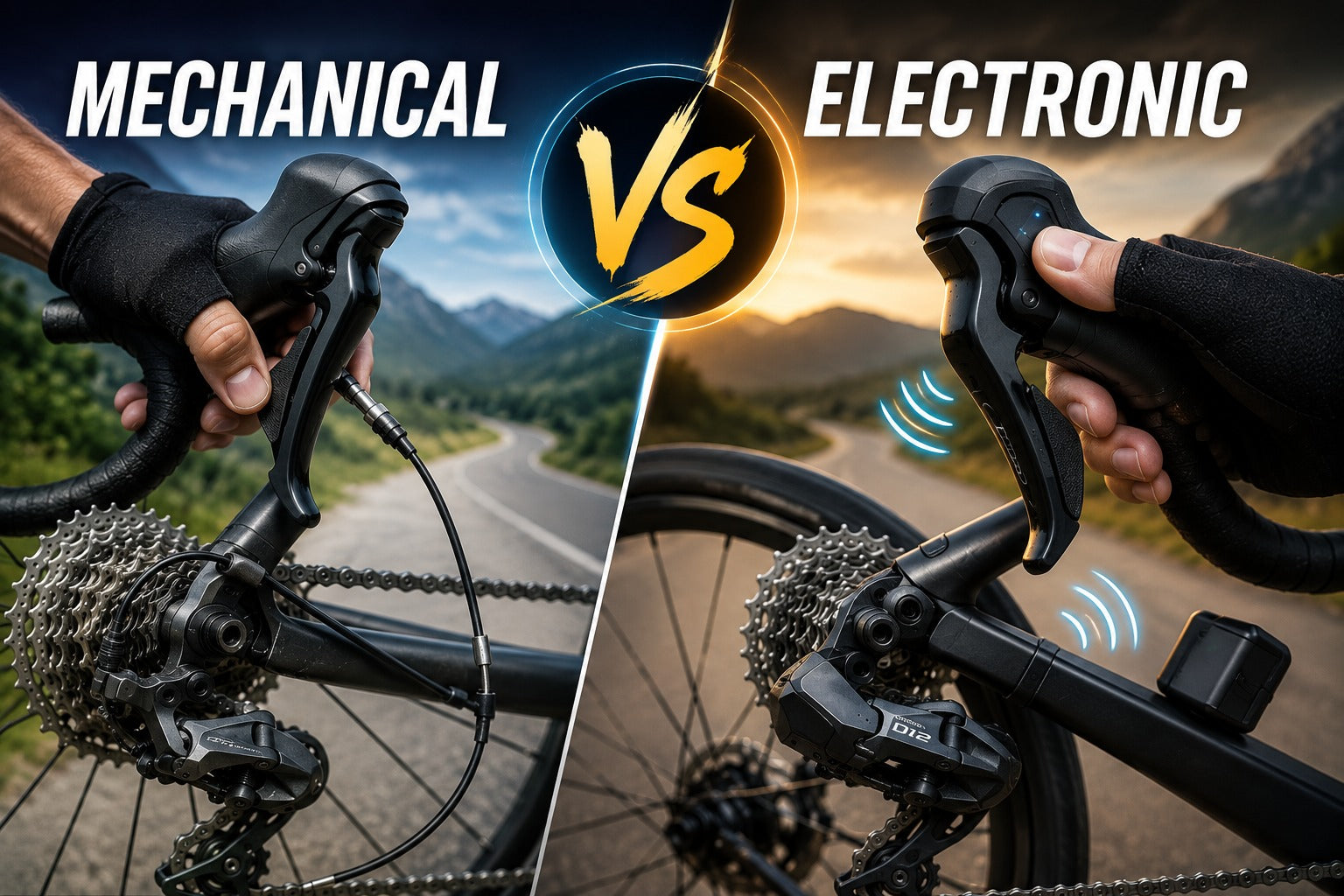 Cyclist using electronic shifting controls on a modern road bike