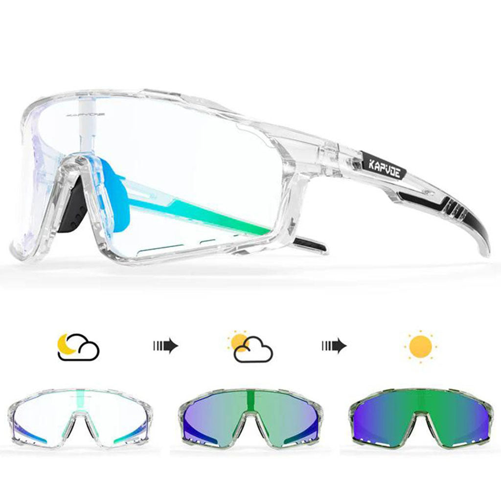 Kapvoe X76 sports sunglasses with polycarbonate photochromic lenses, anti-fog coating, and strong impact-resistant frame for outdoor activities.
