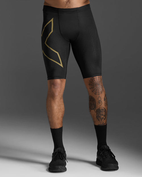 Close-up front view of the 2XU Light Speed Compression Shorts in Black/Gold Reflective.