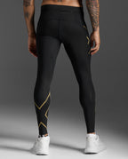 Rear view of the 2XU Light Speed Compression Tights showing the waistband pocket and gold reflective calf trim.