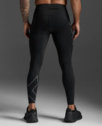 Rear view of the 2XU Light Speed Compression Tights in Black/Black Reflective showing the waistband pocket and reflective calf trim.