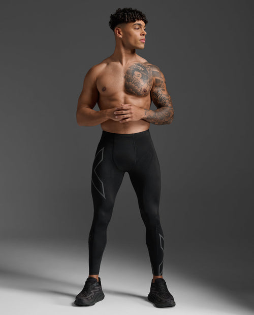 2XU Light Speed Compression Tights in Black/Black Reflective, full body front view on a male model.