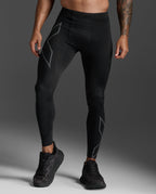 Close-up front view of the 2XU Light Speed Compression Tights in Black/Black Reflective showing the reflective X thigh logo.