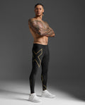 2XU Light Speed Compression Tights in Black/Gold Reflective, full body front view on a male model.