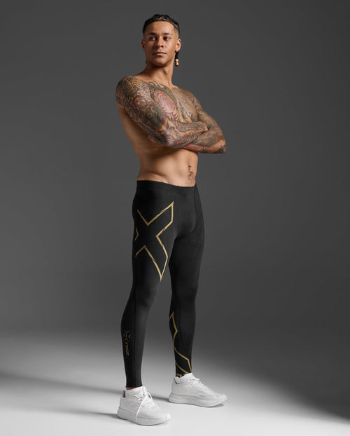 2XU Light Speed Compression Tights in Black/Gold Reflective, full body front view on a male model.