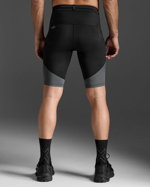 Rear view of the 2XU Light Speed React Compression Shorts showing the hip pockets and hidden zip pocket.