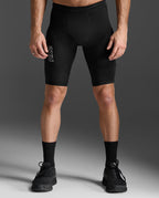 2XU Light Speed React Compression Shorts in Black/White Reflective, front view showing the 2XU thigh logo.