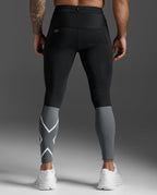 Rear view of the 2XU Light Speed React Compression Tights showing the reflective grey calf panel.