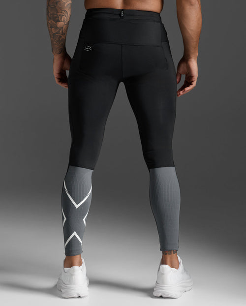Rear view of the 2XU Light Speed React Compression Tights showing the reflective grey calf panel.
