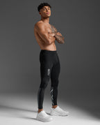 2XU Light Speed React Compression Tights in Black/White Reflective, side profile view on a male model.
