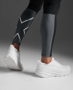 Close-up of the reflective X logo on the calf of the 2XU Light Speed React Compression Tights.