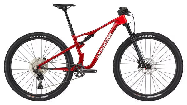 Cannondale Scalpel Carbon 4 full-suspension XC mountain bike in Metallic Red, side profile view.