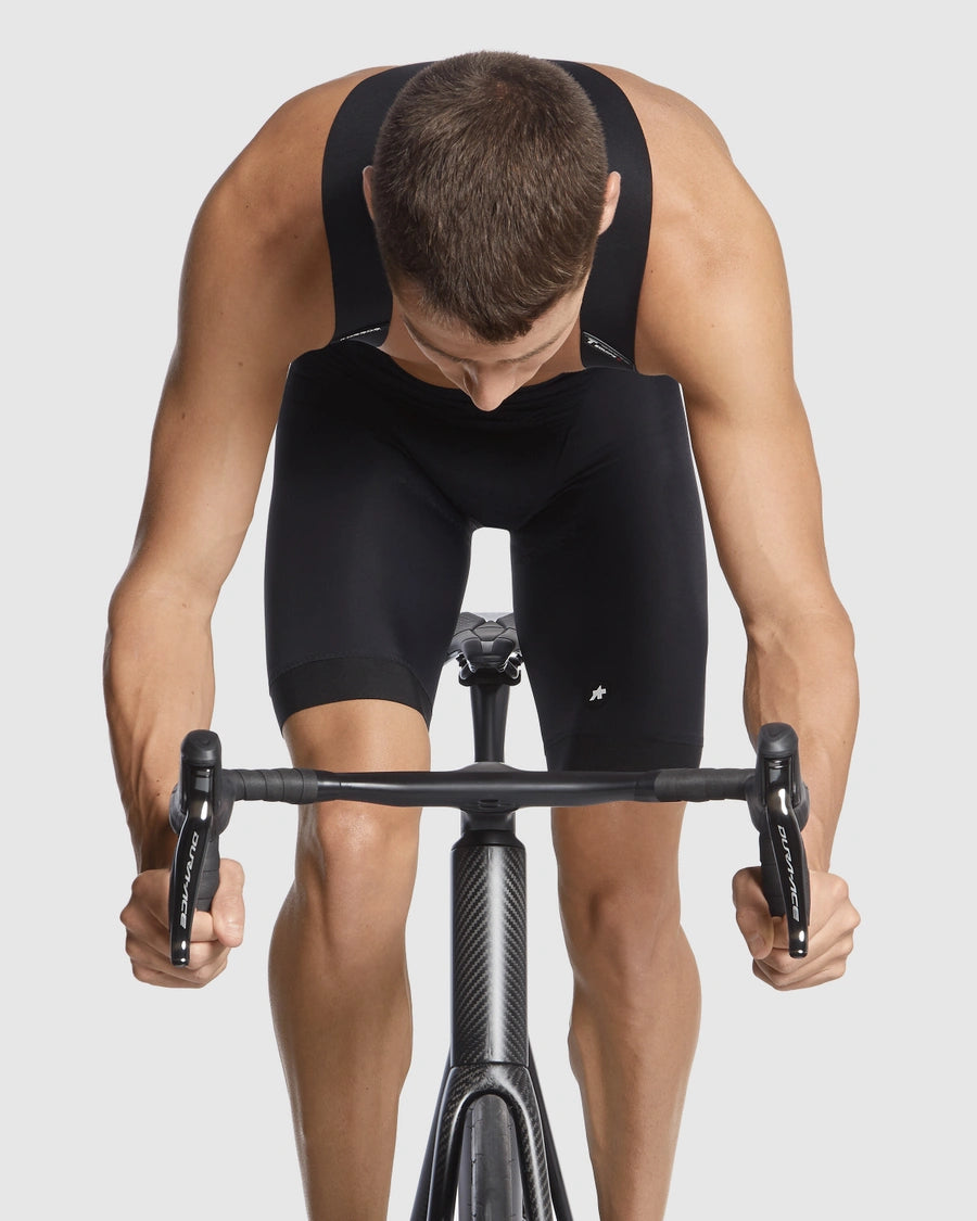 Breathable ASSOS bib shorts with shock-absorb insert