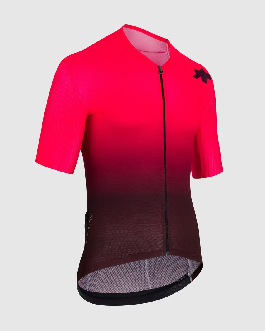 ASSOS Lunar Red cycling jersey with raw-cut sleeves