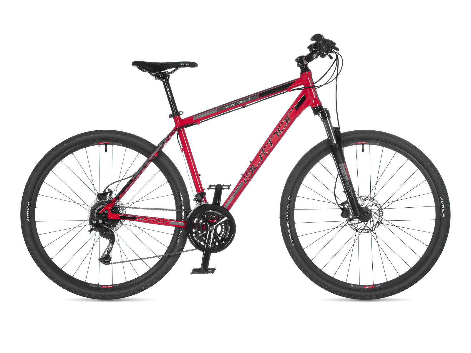  A red and black Author vertigo bike displayed on a clean white background, showcasing its sleek design and vibrant color