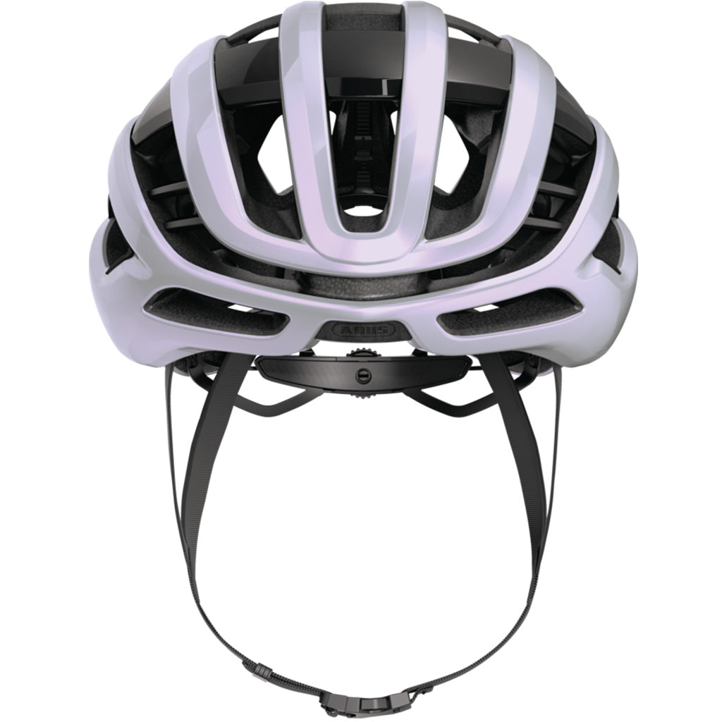 Purple Abus cycling helmet with ponytail fit and removable pads for comfort and hygiene.