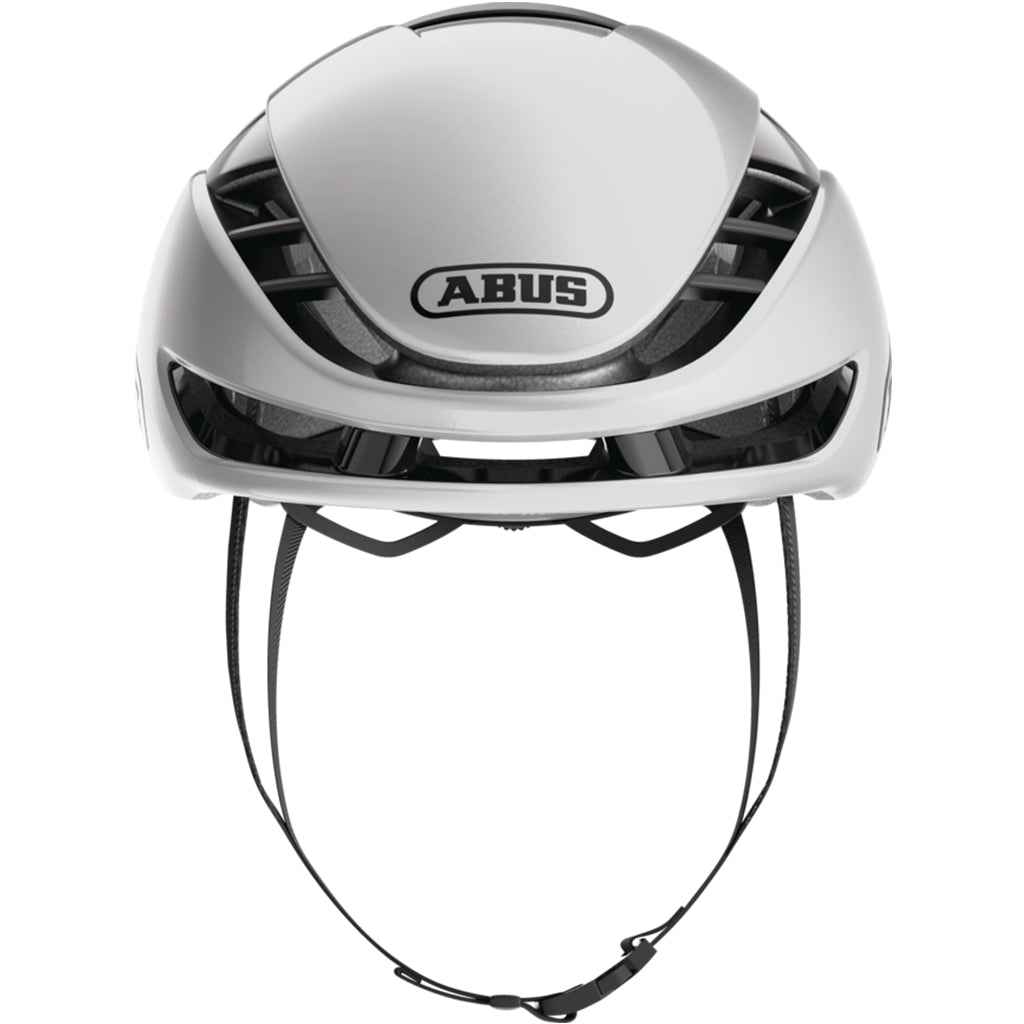 Aerodynamic cycling helmet by Abus in silver finish