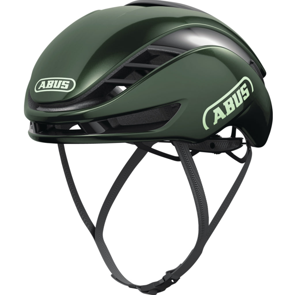 Side profile of moss green Abus road helmet