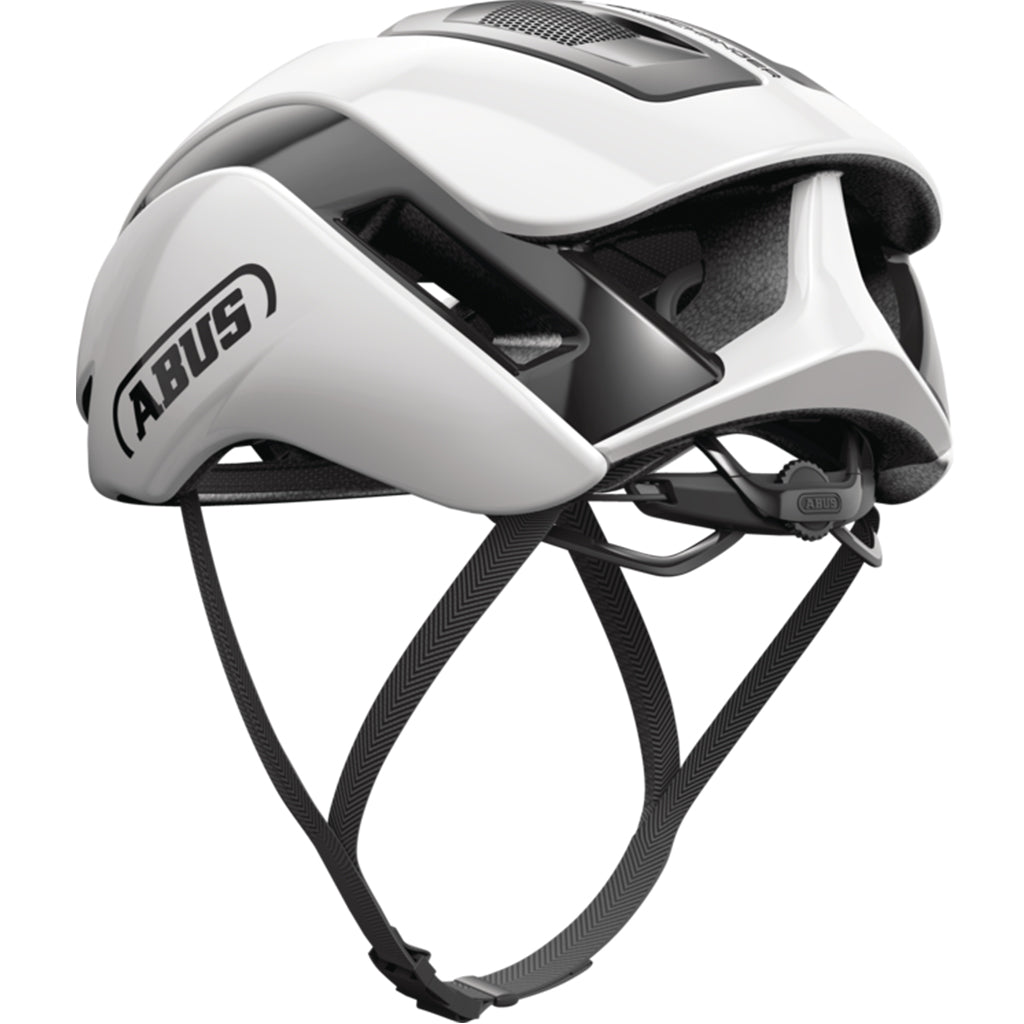 Shiny White Abus helmet – lightest and best for racing